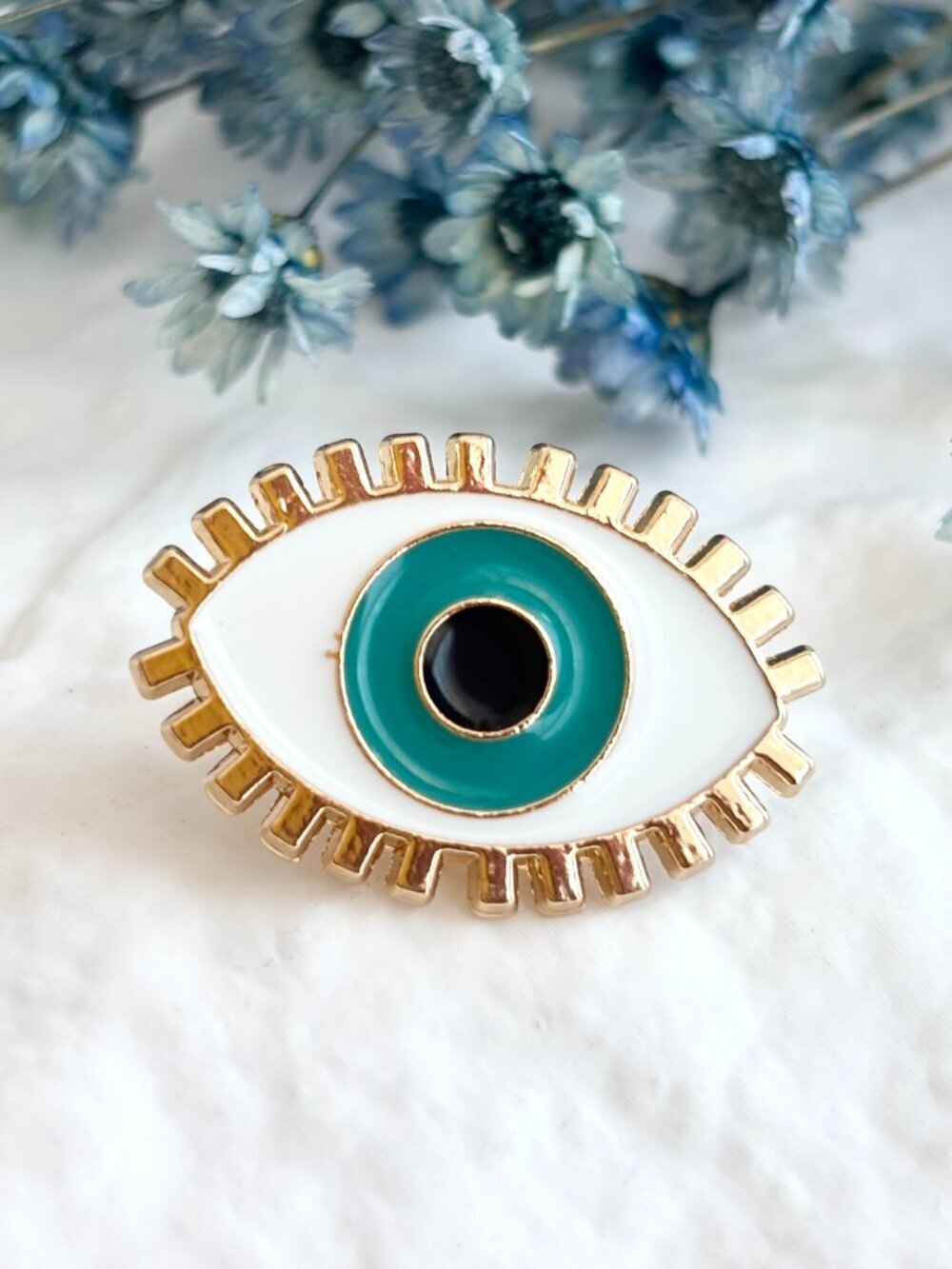Evil Eye Enameled Blue Eye Good Luck Mati Shield Gold Toned Brooch Lapel Pin